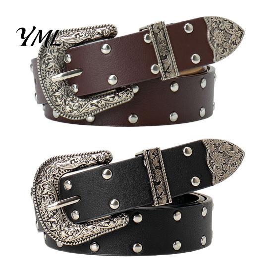 Hot Girl Style Waist Belt 105cm Retro Rivet for Women, Adjustable Imitation Leather with Double Everyday Casual Outfits Row Grommets & Carved