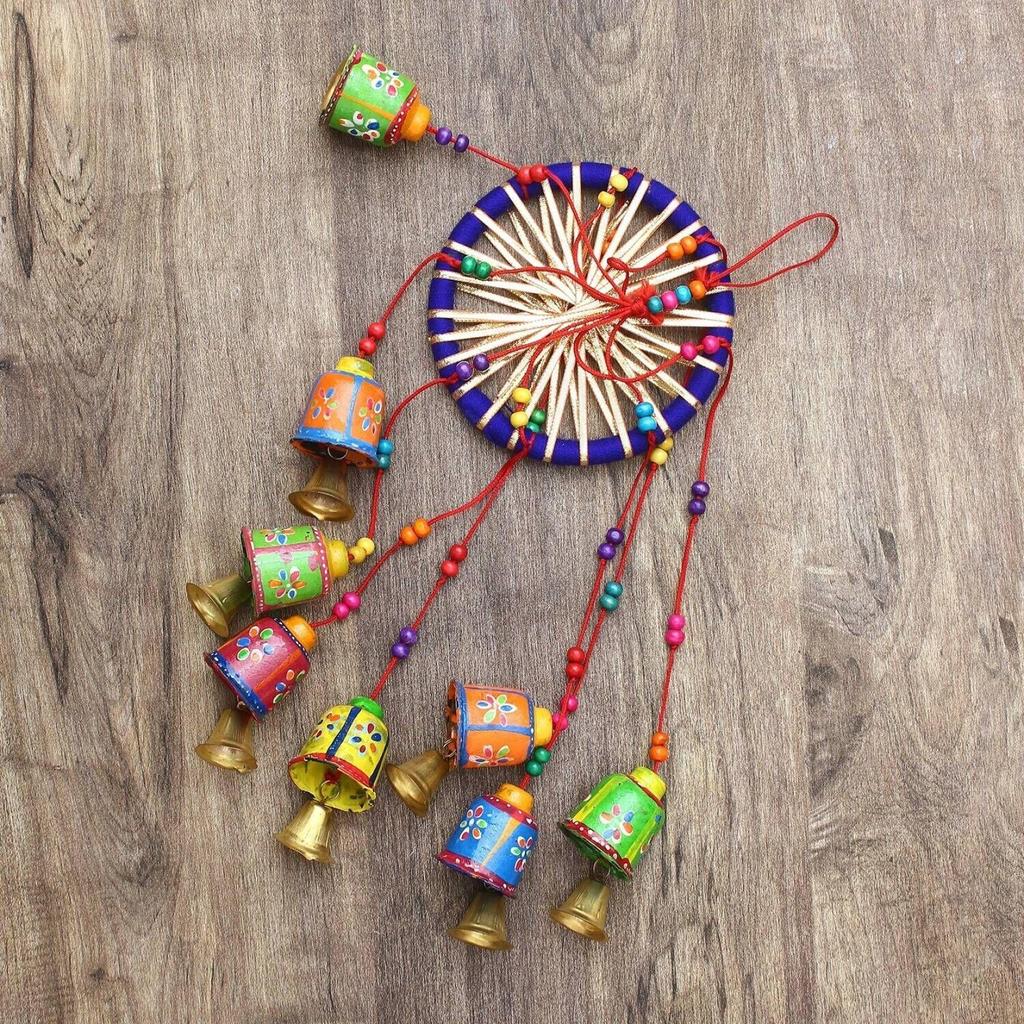 Handcrafted Decorative Wall/Door/Window Hanging Bells Decorative Showpiece - 49 Cm (Brass, Paper Mache, Multicolor)