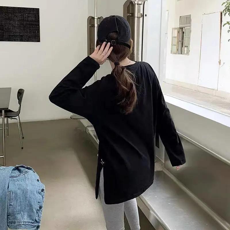 Женская весенне-осенняя однотонная открытая футболка с длинными рукавами, удобная нижняя рубашка с круглым вырезом