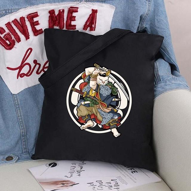 Women Bag Shopper Large Capacity Eco Canvas Cotton Shopper Foldable Fashion Black Cartoon Pictures Handbag Canvas Tote Bag