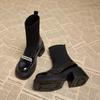 Модные ботильоны на массивной подошве, женские короткие туфли на платформе, кожаные черные женские ботильоны-носки до щиколотки, ботинки New Rock Fashion 2024, весна, горячая осень