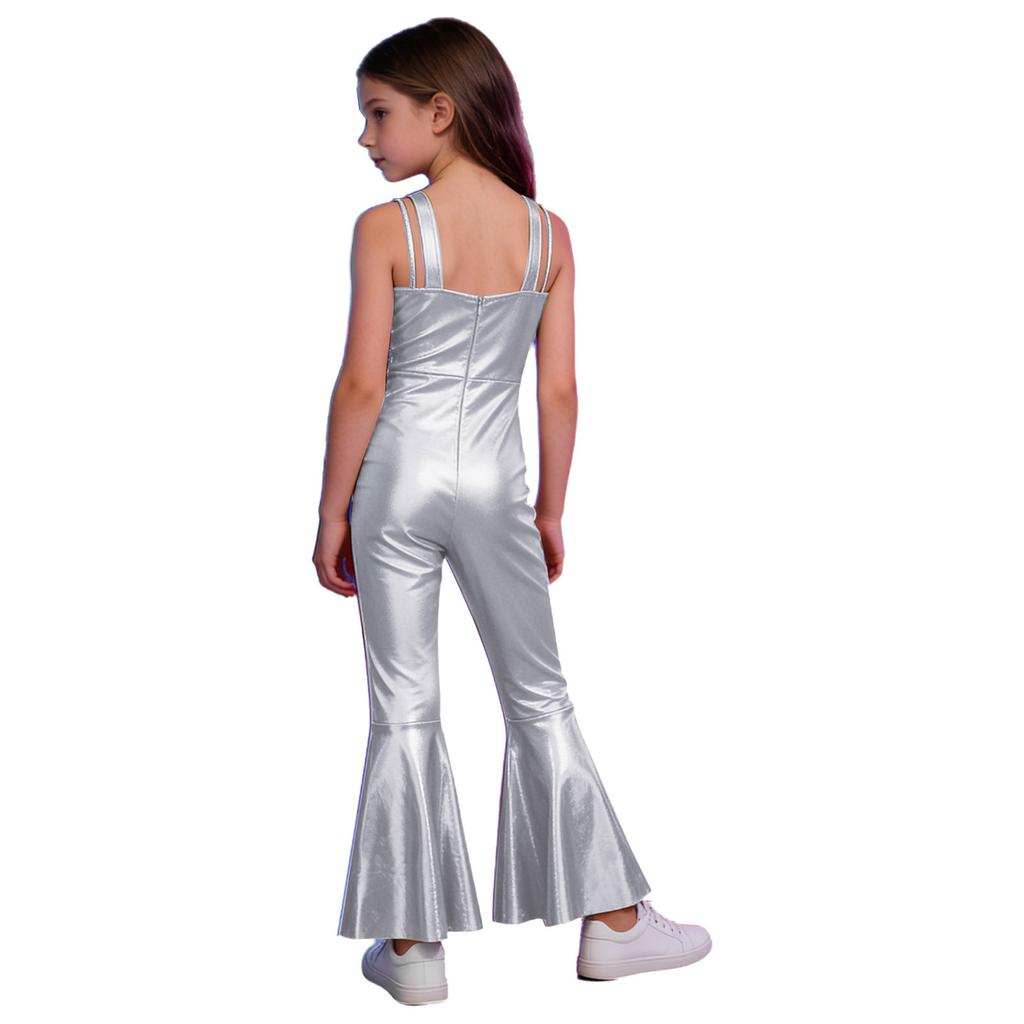 Kids Metallic Disco Dance Bodysuit: Sleeveless Sequins Tassels Jumpsuit with Back Invisible Zipper & Flared Pants