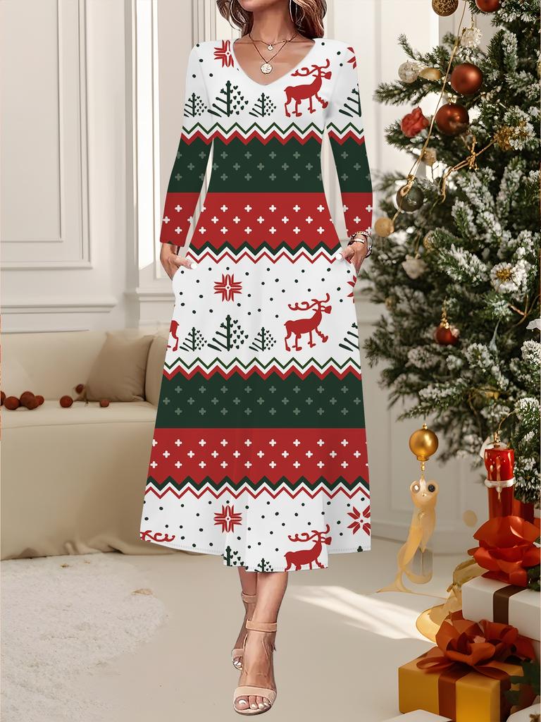 2025 Осень и Зима Новое Женское Повседневное Модное Платье Принт 3D Снежинки Длинный Рукав V-образный Вырез А-силуэт Рождественский Подарок