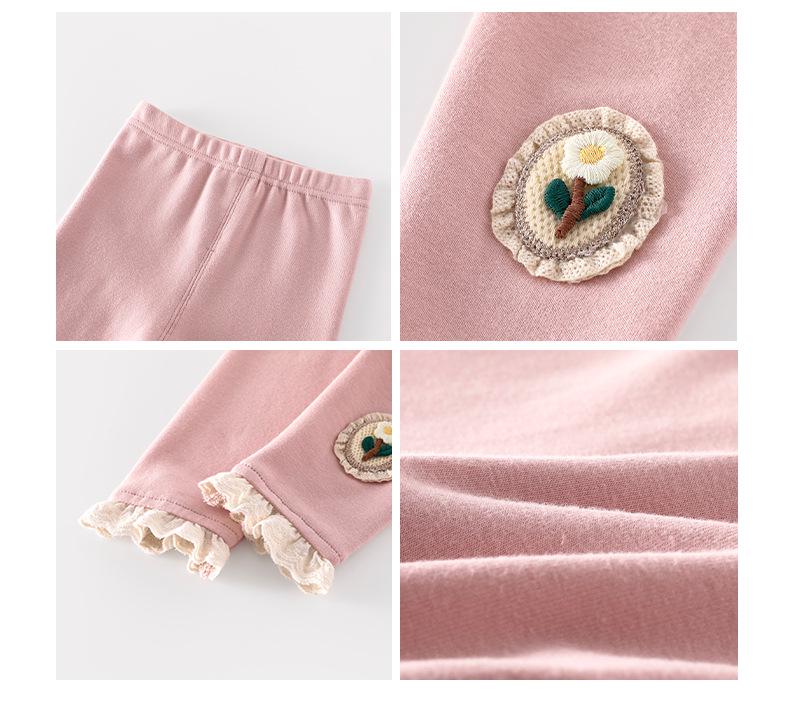 Осень 2025 Леггинсы для девочек: Цветочная аппликация, кружевная отделка, однотонная для младенцев и детей
