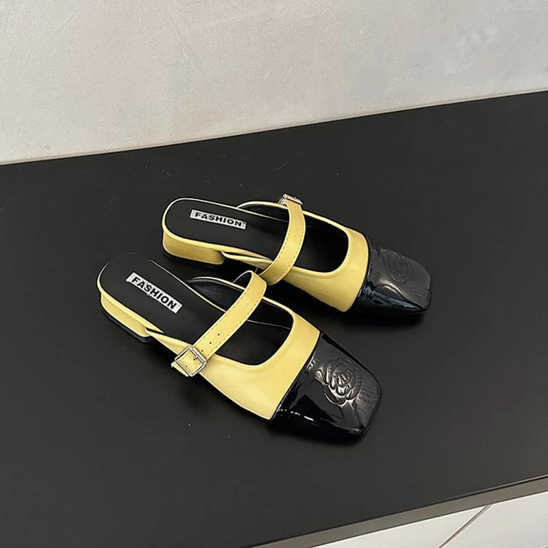 2024 Square Heel Cover Toe Slippers Casual Shoes Woman 2024 Lady Low Slipers Women Block Soft Luxury Girl Flat Pointed Summer New