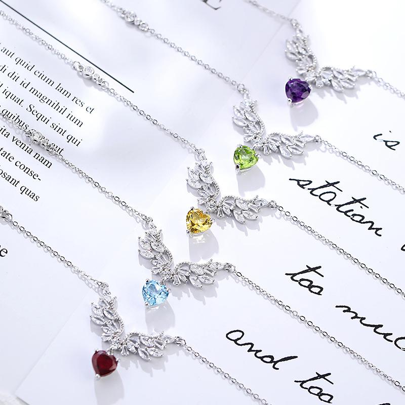 S925 sterling silver angel wings necklace Korean version of natural spar premium pendant fashionable simple collarbone chain women's fashion gift