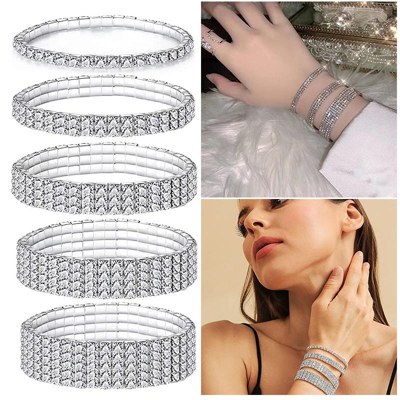 Wedding Elastic Rhinestone Stretch Bracelets,Twinkle Diamond Tennis Bangle,Band Silver Crystal Sparkling Bridal Stackable Bracelet