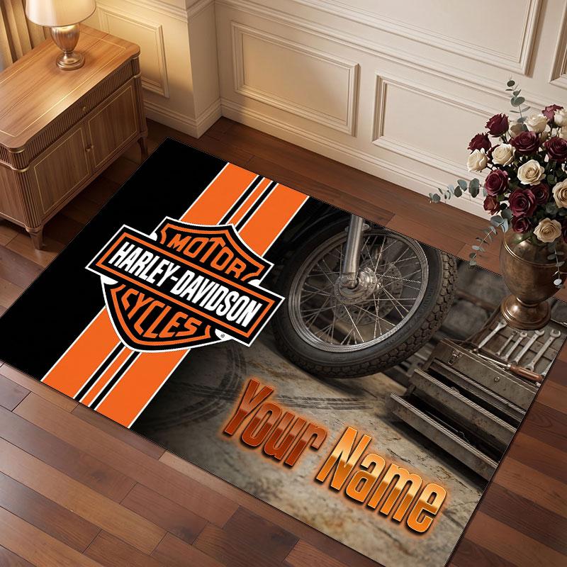 Harley-Davidson Personalized Crystal Velvet Carpet, Customized Name Text Soft Anti‑Slip Rug for Living Room Bedroom