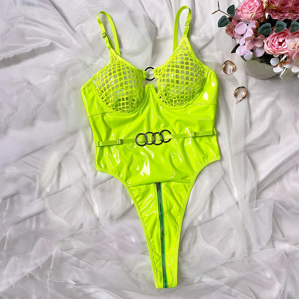 Бикини мода ажурный сексуальный сетчатый стык ткань кожаный сексуальный комбинезон