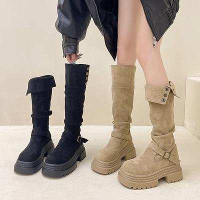 Ретро британский стиль ботинки на толстом каблуке и толстой подошве для женской осенне-зимней моды, универсальные замшевые и тонкие, два варианта носки, ботфорты на высоком каблуке