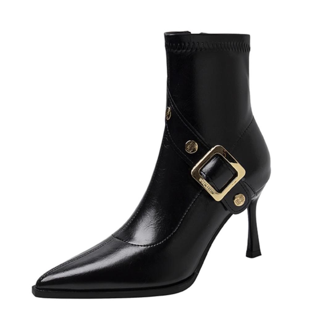 Темпераментные туфли-лодочки на высоком каблуке, короткие ботинки, женские, осенние, новые, с острым носком, с ремешком и пряжкой, с заклепками, для индивидуальности, на тонком каблуке, облегающие ботинки из кожи