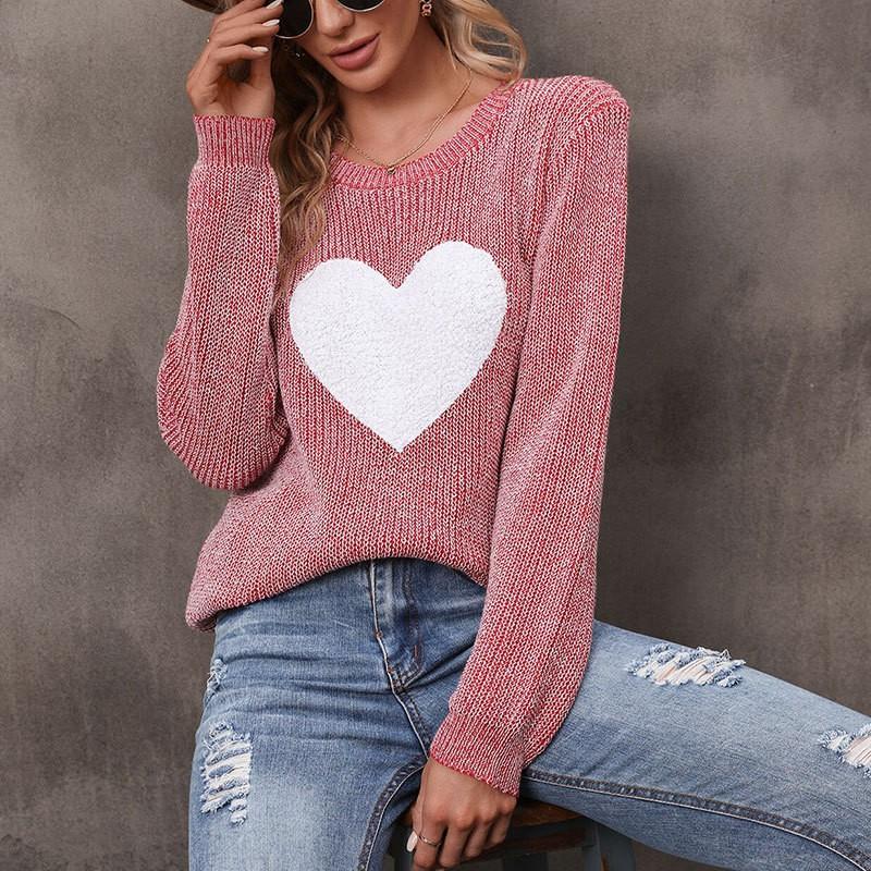 Womens Oversized Knit Sweater With Heart Embroidery Round Neck Long Sleeve Pullover Winter