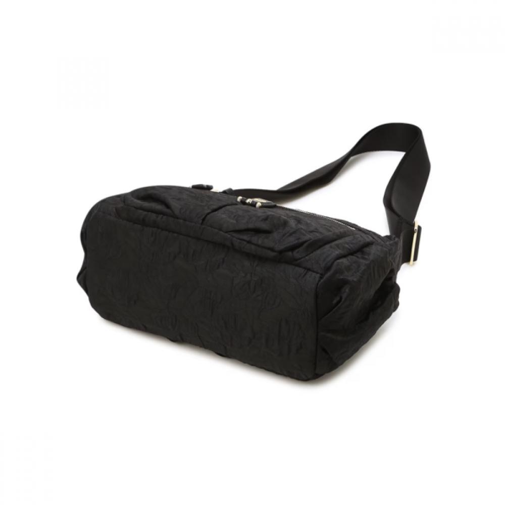 Daks Black Flower Pattern Fabric Crossbody Bag Black Calais Leather Cardholder