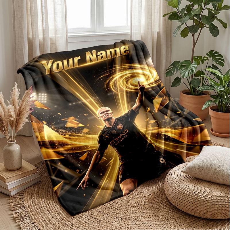 Erling Haaland Custom Name Text Flannel Blanket Soccer Logo Personalized Fleece Throw Blanket Special Gift For Sofa Bedroom Home