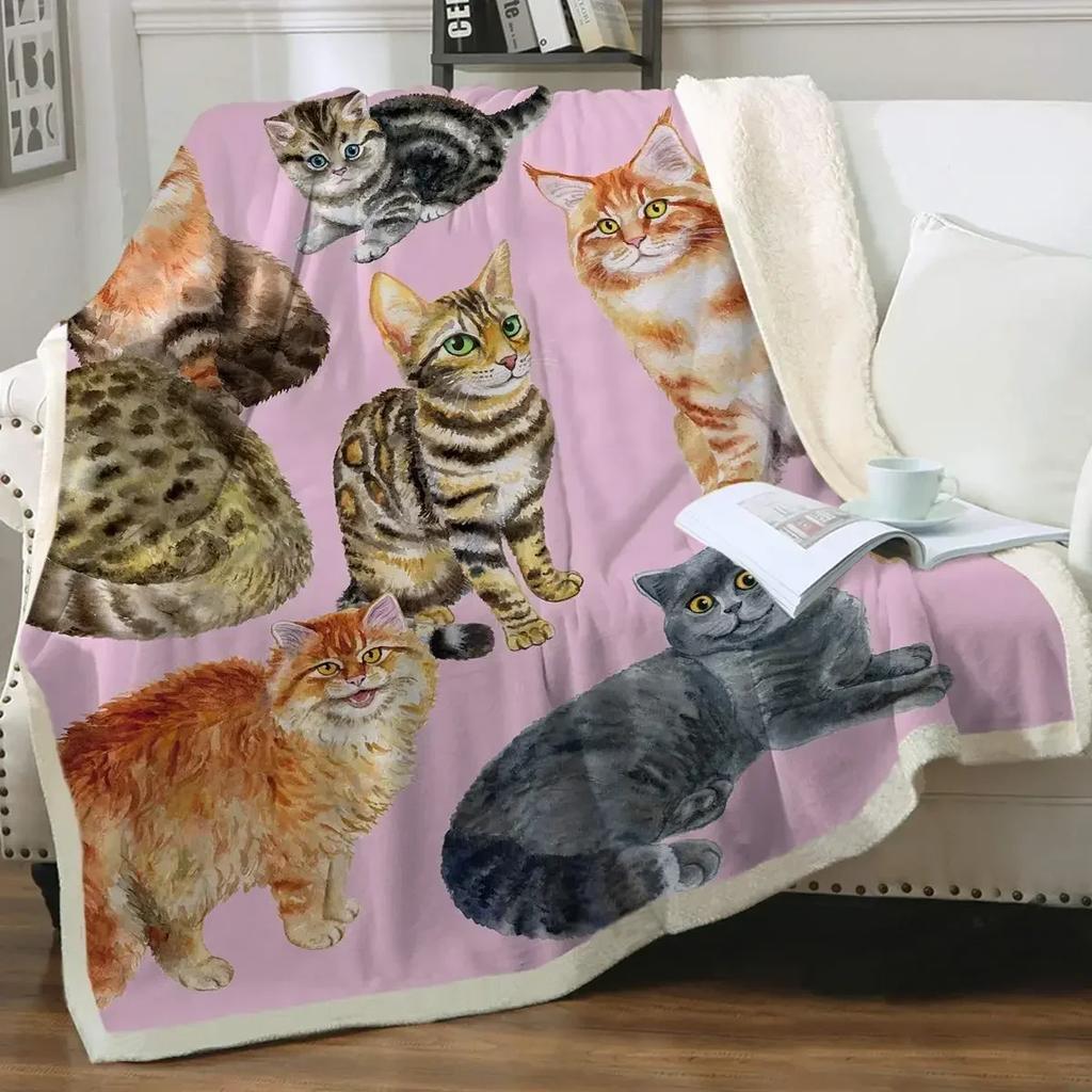 Grey and White Cats Blanket Plush Sherpa Flannel Throw Blanket for Couch Sofa Super Soft Blanket Bedroom TV Throw Blanket Full