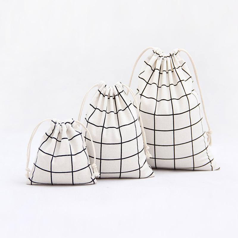 3 Pcs/set Simple Cotton Linen Lattice Drawstring Bag Travel Jewelry Phone Cosmetic Canvas Storage Bag