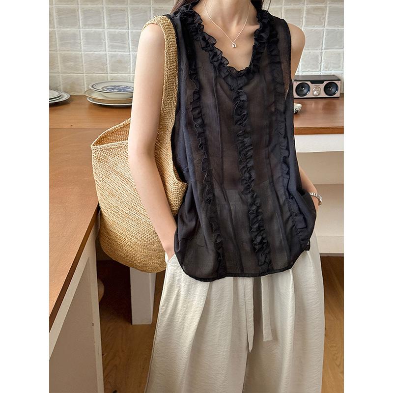 Tachibana summer new Korean lace vest with wooden ear edge sleeveless top loose V-neck T-shirt 99117 wooden ear edge