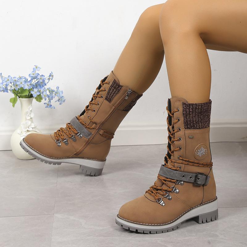 Winter Outdoor Shoes for Women Side Zip Women's Mid-Calf Boots Square Heel Casual Women's Shoes Med Heel Ladies Boots