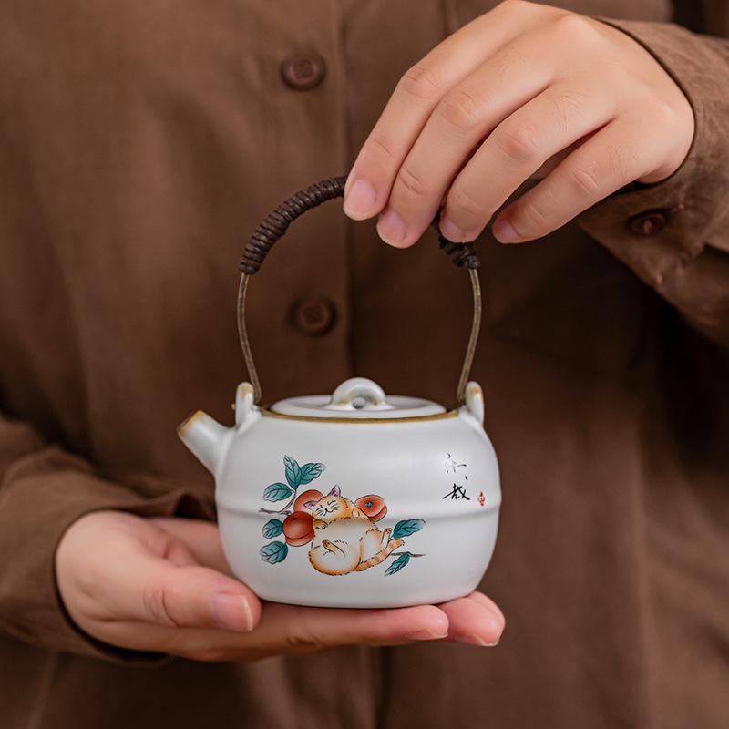 Портативный керамический чайный набор с ручкой из печи Цзюнь - Китайский стиль Кунг-фу Дорожный сувенирный чайный набор