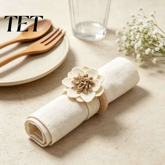 Handmade Linen Flower Rings 6Pcs Napkin Rings, Wooden Ring Rustic Holders, Boho Holders for Dining Tables Farmhouse Wedding Bridal Shower Table Decor