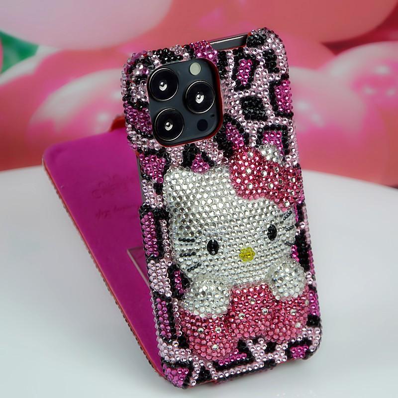 Phone Case IPhone 11 12 13 14 Pro Max Cute Cartoon Cat Flip Cover Rose Gold Leopard Print Bling Rhinestone Shockproof