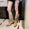 Lazy Wind Belt Buckle Pile Boots 2025 Autumn and Winter Pointed Thick Middle Heel Suede Loose Large Tube High Tube Circumference Long Boots Women