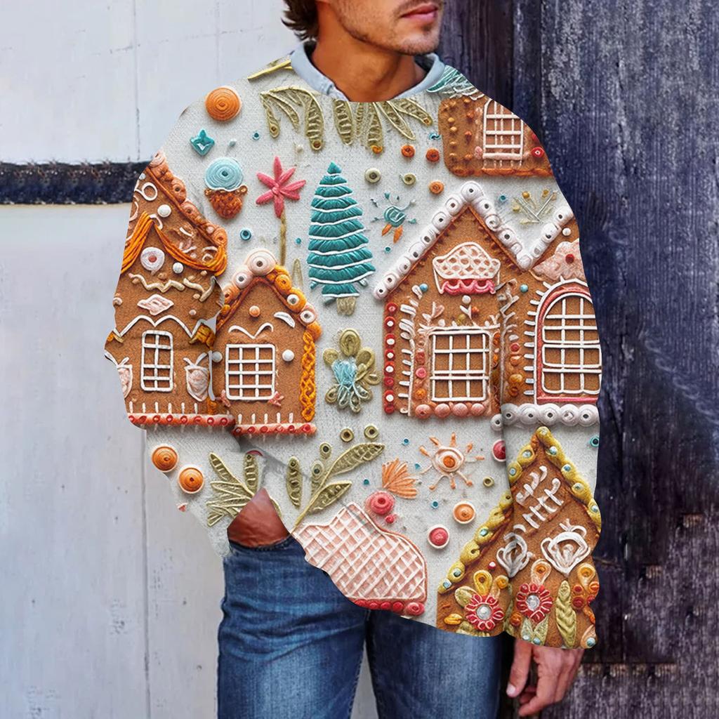 Men's Christmas Print Faux Sweater, Crewneck Sweatshirt, Loose Long-sleeved Top