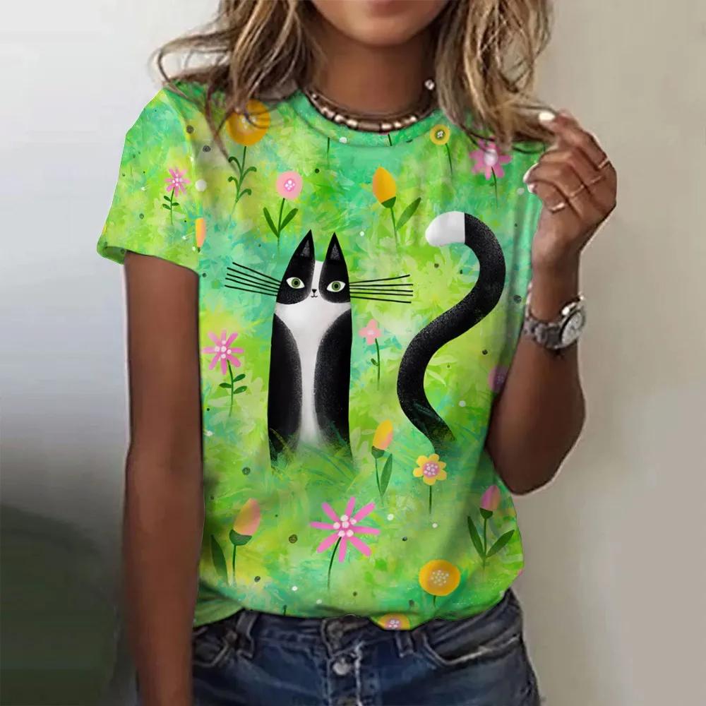 Летняя женская модная футболка с забавным рисунком мультяшного кота, топы с круглым вырезом, футболки, женская одежда с коротким рукавом, женская повседневная повседневная одежда