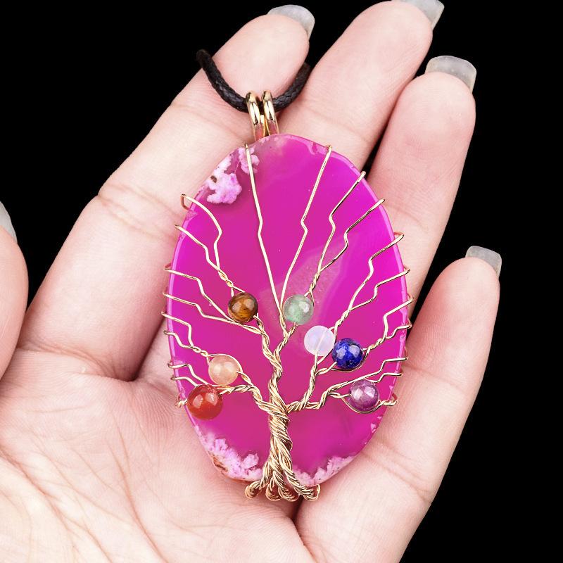 Natural Agate Stone Life of Tree Pendant Necklace Rough Wire Winding Pendant Sweater Chain Jewelry Women's for Necklace 7 Chakra