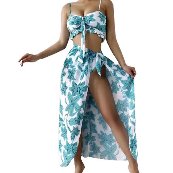 Длинная юбка Купальники Шикарный сладкий женский купальник из трех частей с рюшами