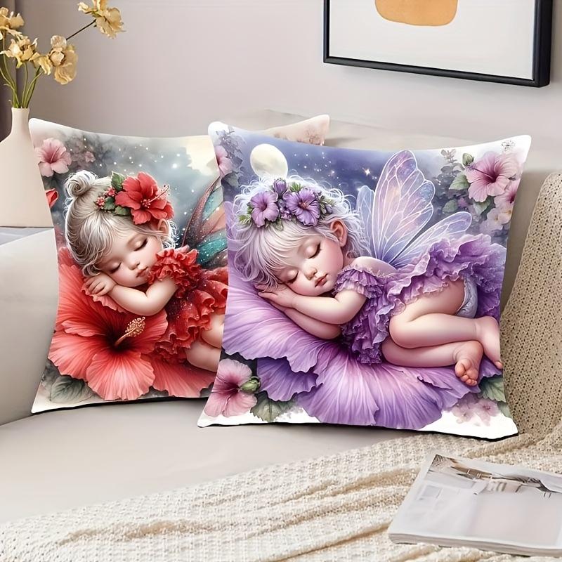 2Pcs French-Style Red And Purple Sleeping Flower Fairy Design, Single-Sided Print Pillowcase, 44.96 Cm X 44.96 Cm,
