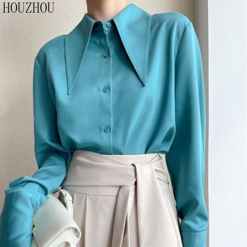 HOUZHOU Шикарная женская рубашка с острым воротником, корейская элегантная ретро-элегантная женская классическая блузка для поездок на работу
