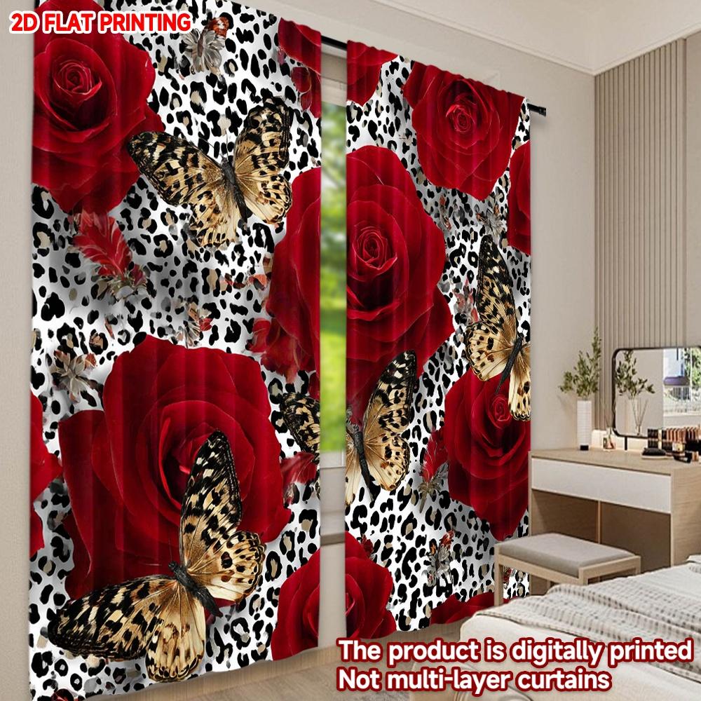 Набор из 2 плотных печатных штор «С Днем святого Валентина» Романтические красные розы Цифровая печать Полиэстеровые занавески День рождения