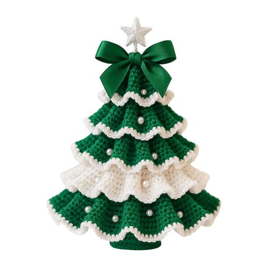 DIY Crochet Christmas Tree Kit Small Xmas Tree Craft Kit with Bow And Faux Pearl Handmade Holiday Decoration for Beginners