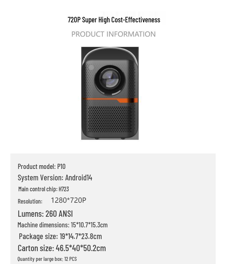 Портативный HD-проектор для домашнего кинотеатра P10 с функцией беспроводной передачи изображения с мобильного устройства