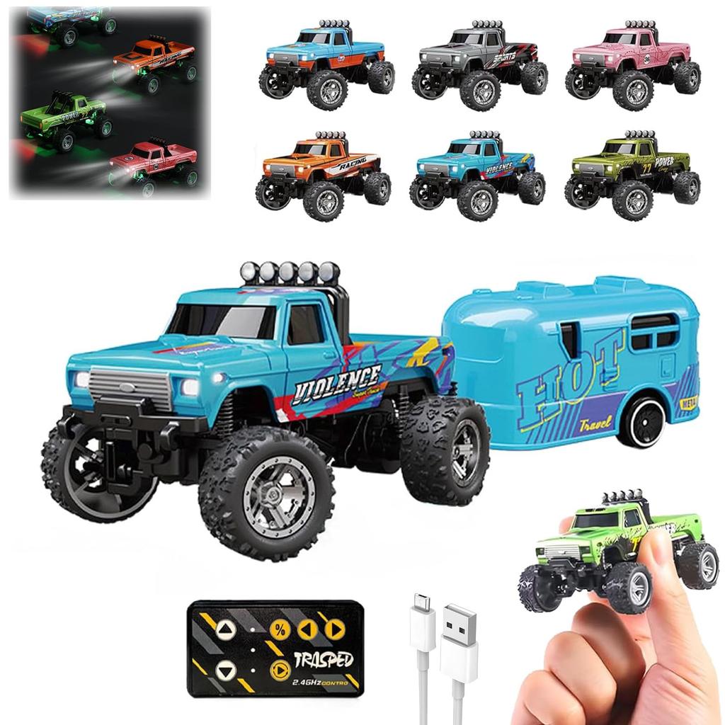 RC Truck USB-C Rechargeable Underflow With Trailer, 1:64 Scale Truck Remote Control Car With Lights, 2.4Ghz Remote Control