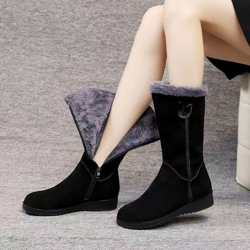 Winter versatile women's boots women's shoes fleece thickened medium tube Martin boots wedge heel non-slip warm side zipper cotton
