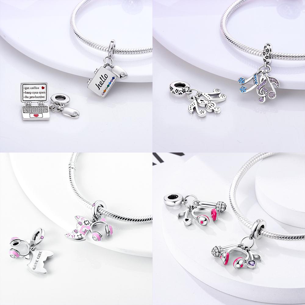 Charms Pink Beads Smart Watch Bike Car Travel Dangle Original Copper Bead Fit Bangle Bracelet Diy Jewelry Woman Fine Gift