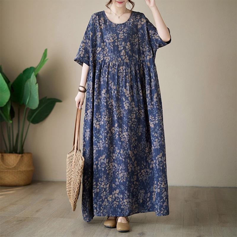 Short Sleeve Plus Size Cotton Vintage Floral New In Dresses for Women Casual Loose Long Summer Dress