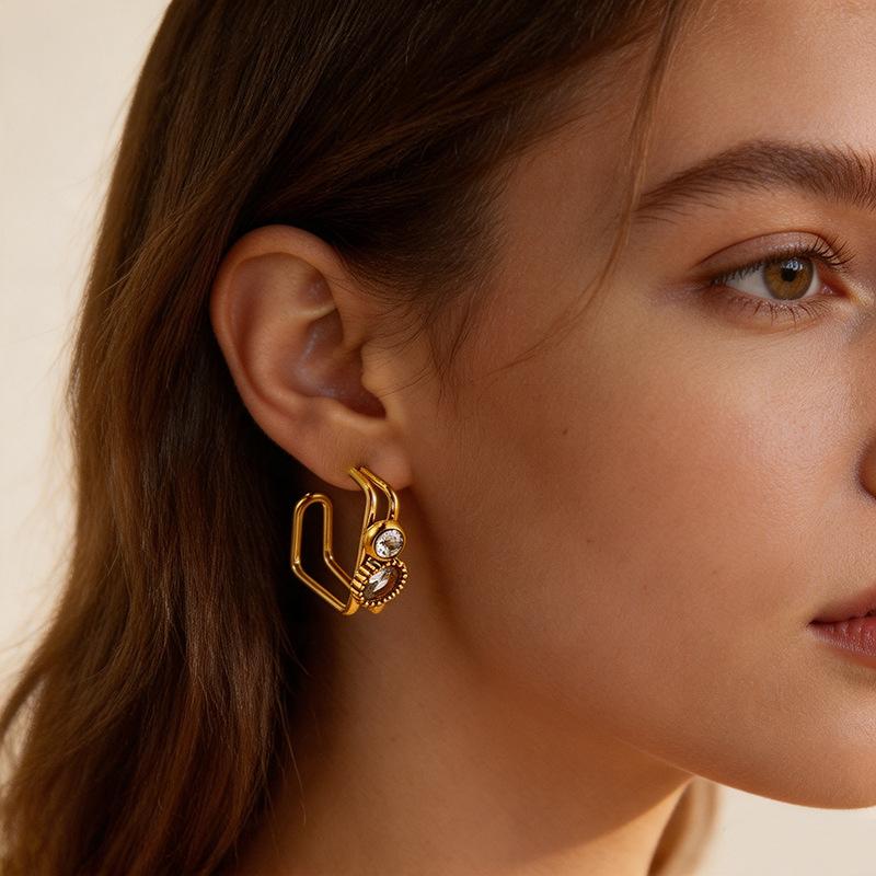 Gold Color Hollow Geometric Earrings for Women Stainless Steel Zircon Irregular Stud Earrings Fashion Anti Allergy Party Jewelry