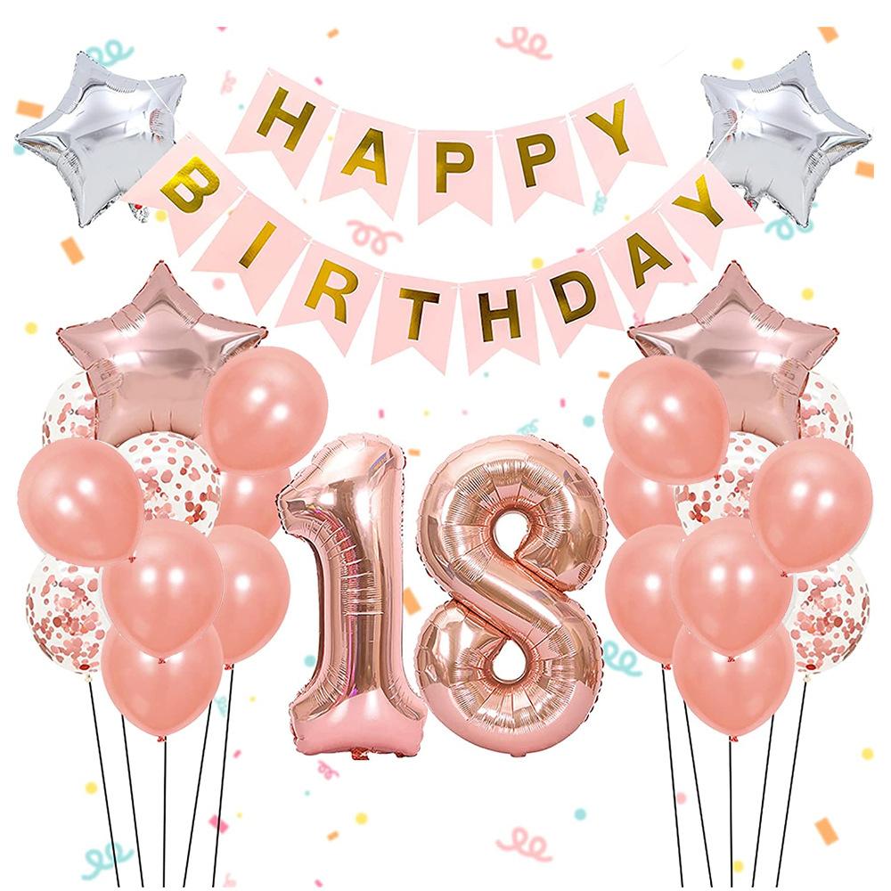 Набор воздушных шаров на 18-летие из розового золота, большой флажок «С днем рождения», шары-звезды и латте, товары для вечеринки