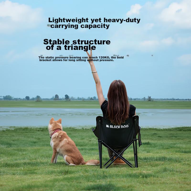 Black Dog Outdoor Folding Chair Moon Chair Camping Portable Backrest Fishing Chair Weight Capacity 240 Jin, Night Black 2-Piece Set