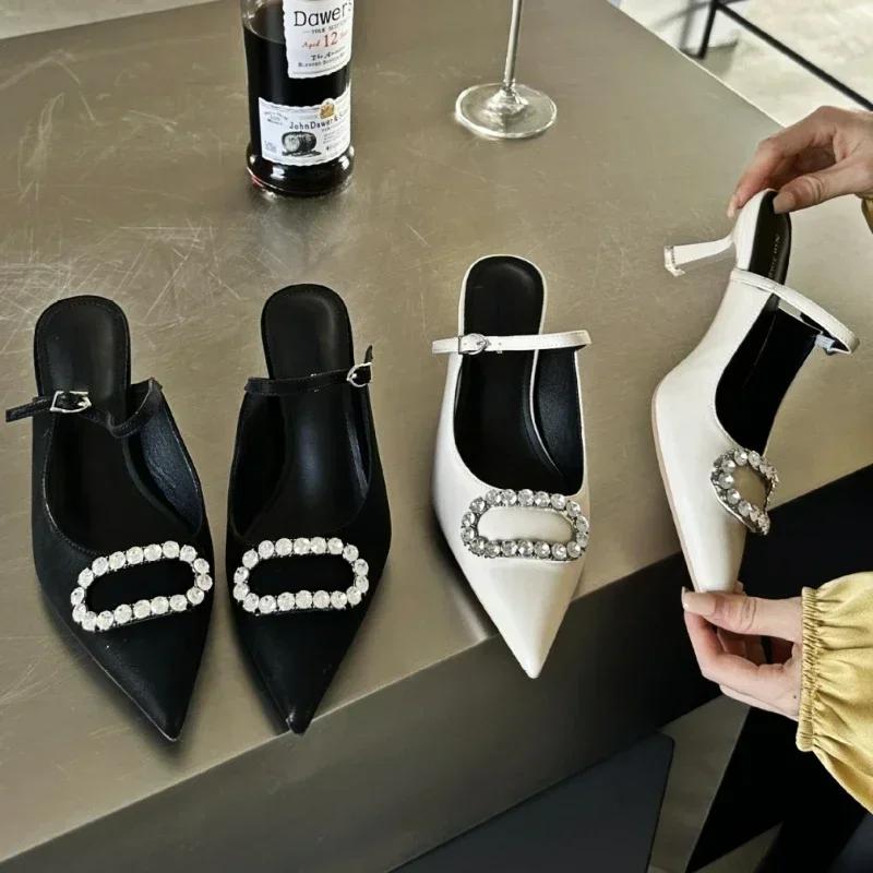 Модные роскошные мюли-сандалии с пряжкой из стразов для женщин, элегантные туфли-слингбэки на высоком каблуке с острым носком, дизайнерские шлепанцы, женские туфли-лодочки