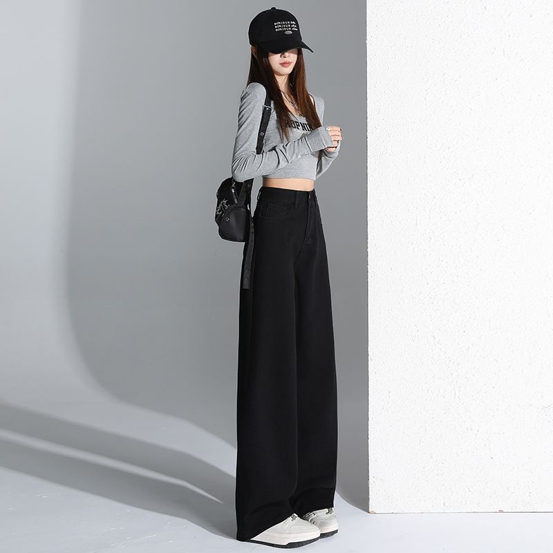 Winter velvet thickened high waist narrow version black straight jeans women