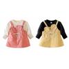 Spring Autumn Infant Baby Girl Dresses Casual Big Ear Pocket Fake Two-piece Suspender Dress Print Clothes