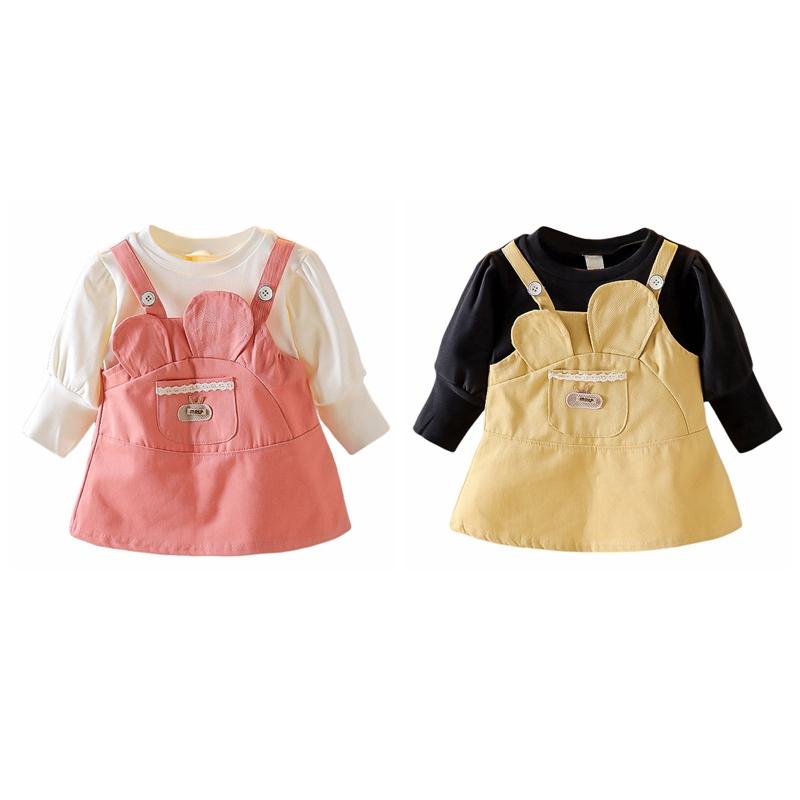 Spring Autumn Infant Baby Girl Dresses Casual Big Ear Pocket Fake Two-piece Suspender Dress Print Clothes