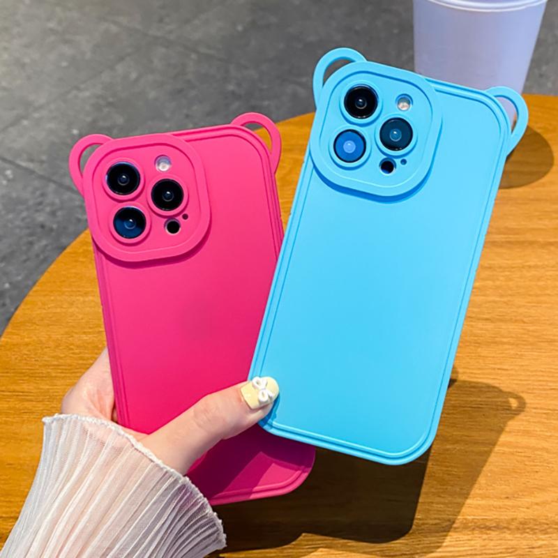 Матовый жидкий силиконовый чехол с милыми медвежьими ушками для Iphone 13 12 11 14 Pro Max Xs X 7 8 Plus, чехол с рисунком, защита объектива камеры