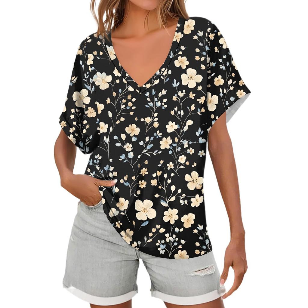 Womens Short Sleeve V-Neck Shirts Floral Print Loose Casual Basic Tees Summer Tops