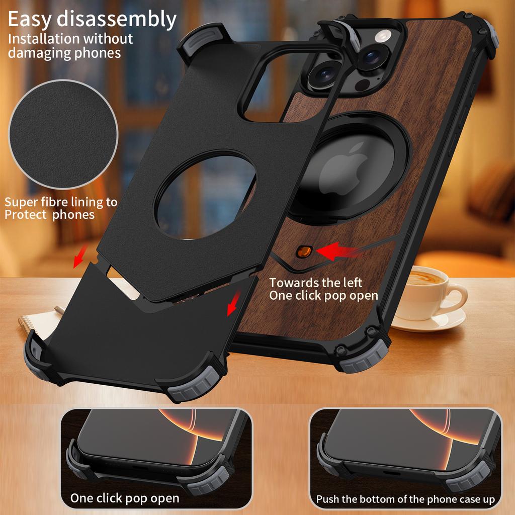 For iPhone 15 Pro Max Magnetic Case Wood Covered Metal Boardless Phone Back Cover with Kickstand