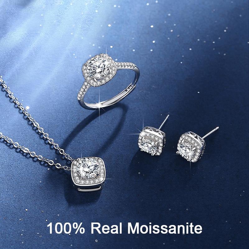 Women 'S Moissanite Jewelry Set 925 Sterling Silver Necklace Earrings Ring 1ct Round Cut Halo Ladies Jewelry For Wedding Party